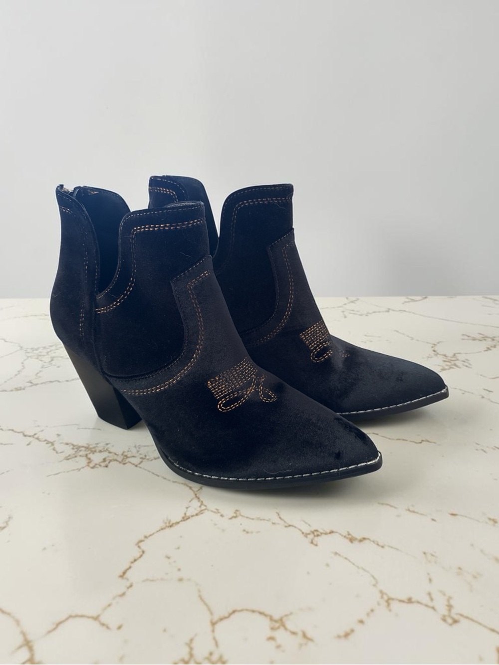 Women’s Black Suede Pointed Toe Western Ankle Boots